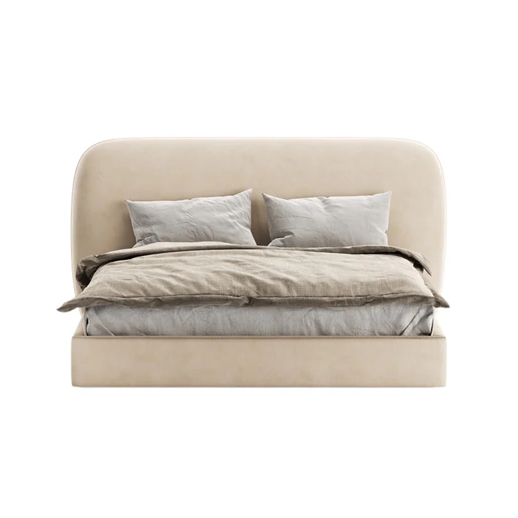 Tulip Double Bed with Rounded Upholstered Headboard in Beige Fabric