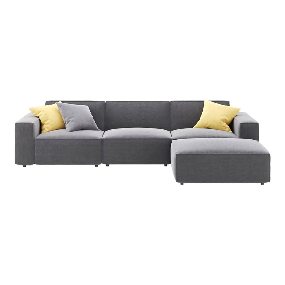 Thor sectional sofa with right-side chaise in dark grey and yellow accent cushions