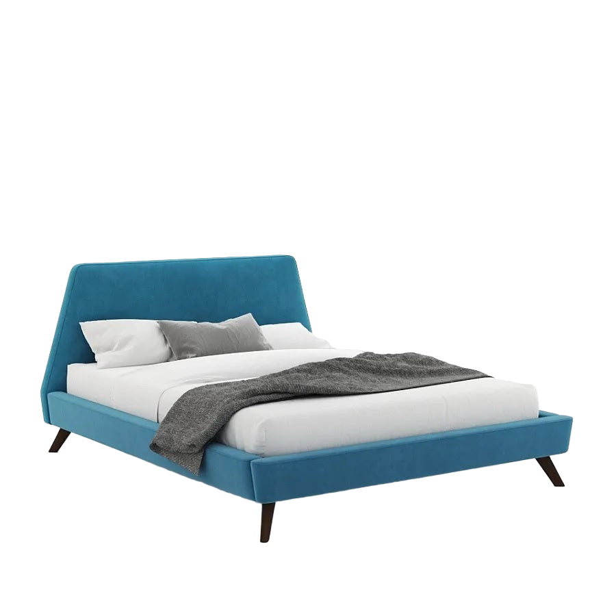 Lit Oscar avec tête de lit rembourrée bleue et pieds en bois du milieu du siècle