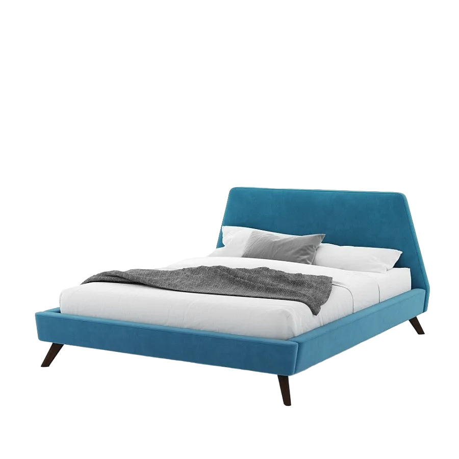 Lit Oscar avec tête de lit rembourrée bleue et pieds en bois du milieu du siècle