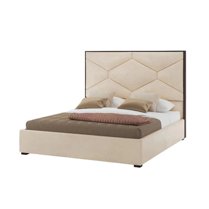 Francesca bed with beige diamond-patterned headboard and layered bedding