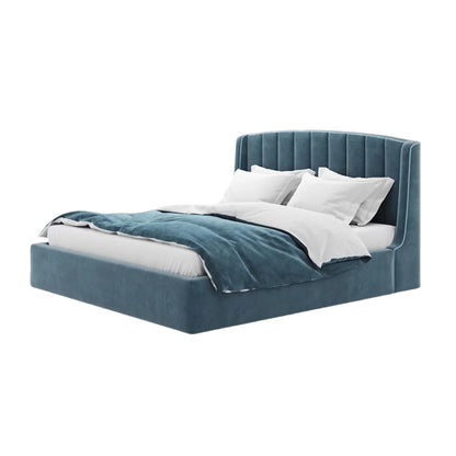 Modern blue bed with vertical panel design and elegant styling