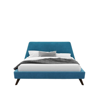 Lit Oscar avec tête de lit rembourrée bleue et pieds en bois du milieu du siècle