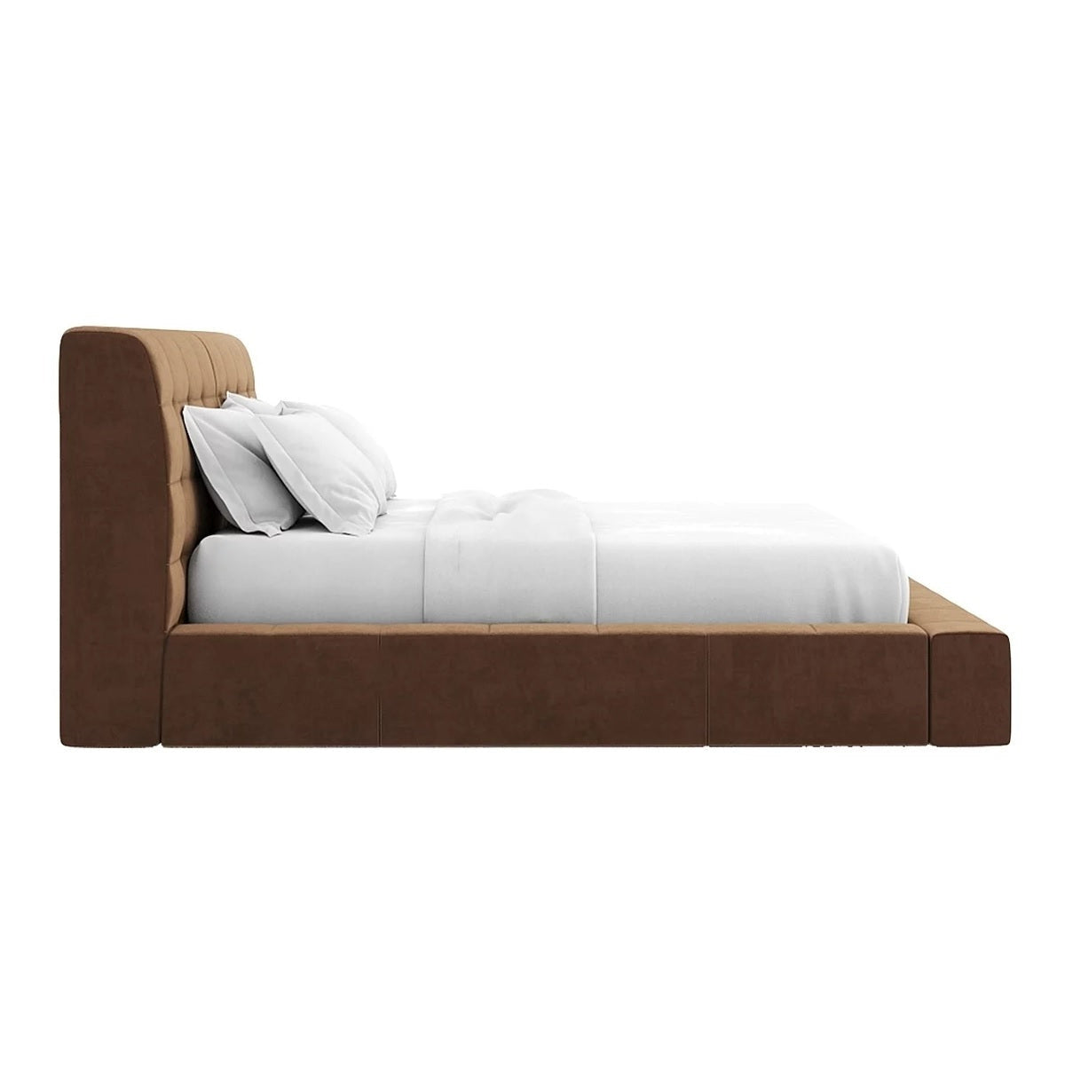 Minimalist double bed with clean lines and two white pillows