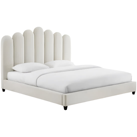Upholstered bed in light fabric with vertical rounded headboard segments