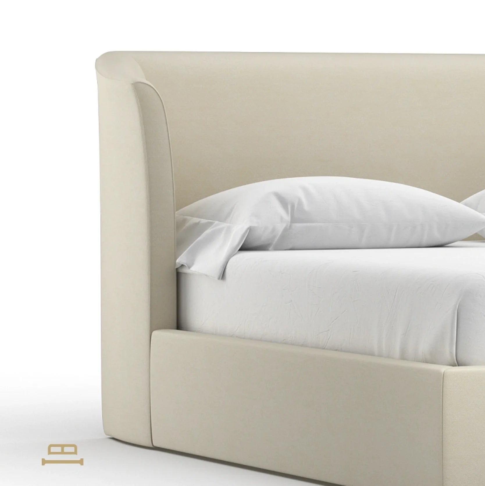 Modern double bed in soft beige fabric with a cozy corner headboard, creating a serene and inviting bedroom look