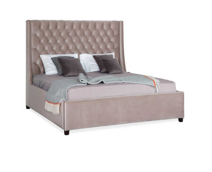 Lit double beige émeraude avec tête de lit haute capitonnée et cadre rembourré