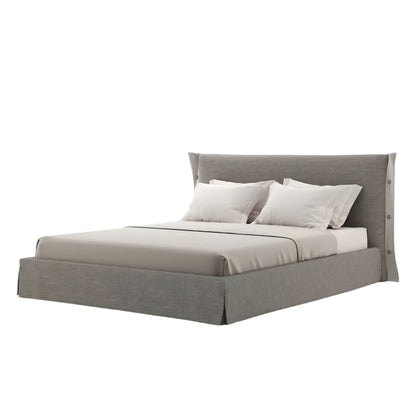 Alessandra double bed with grey tufted headboard and light grey bedding