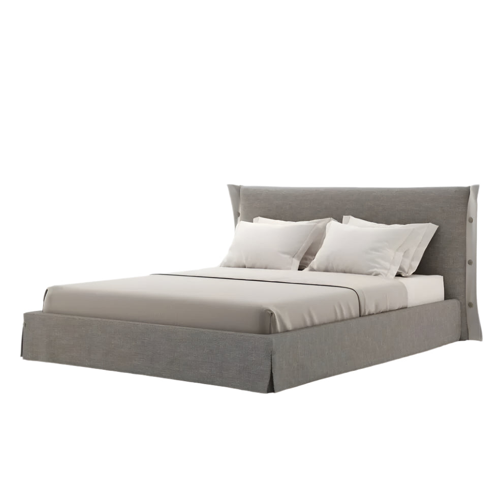 Alessandra double bed with grey tufted headboard and light grey bedding
