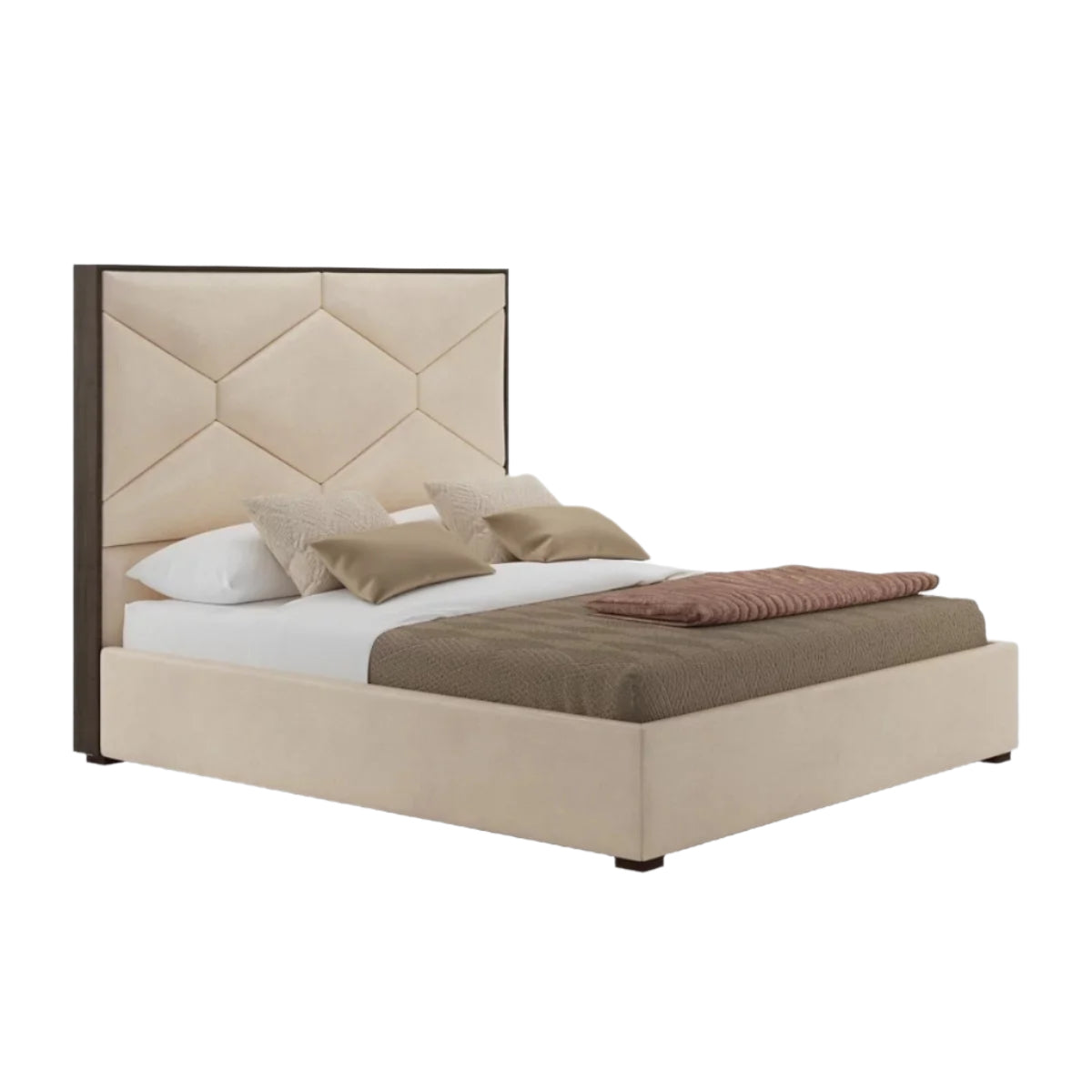 Upholstered bed in light beige with high geometric headboard and four pillows