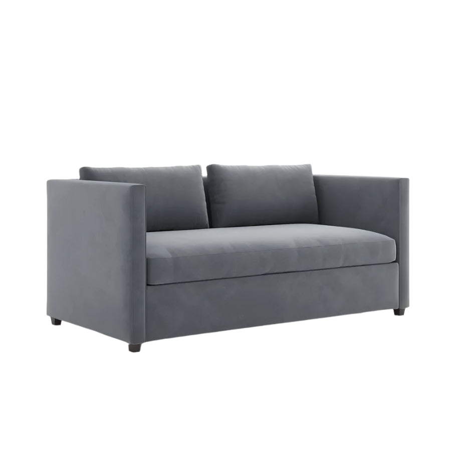 Minimalist grey sofa with low legs, single seat cushion, and soft upholstery