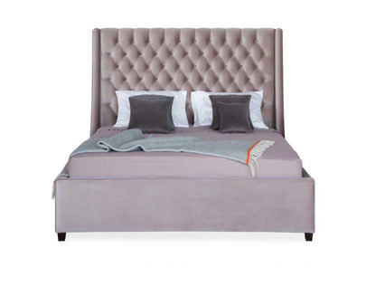 Lit double beige émeraude avec tête de lit haute capitonnée et cadre rembourré