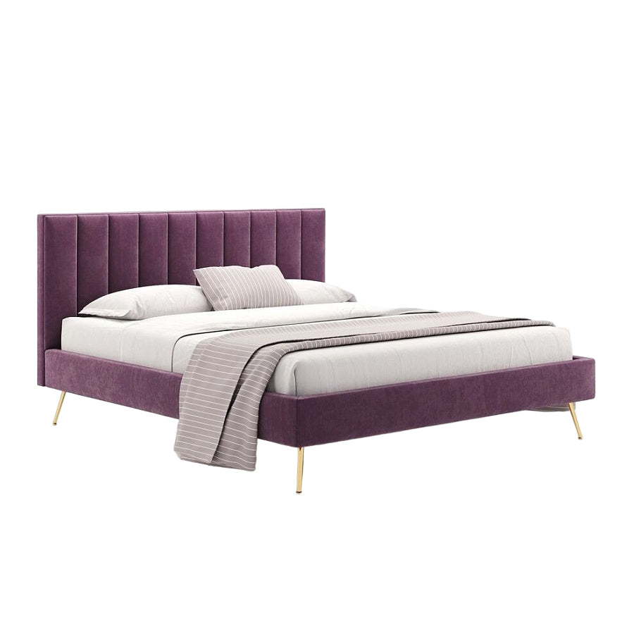 Lit Charlotte avec cadre rembourré violet et pieds dorés