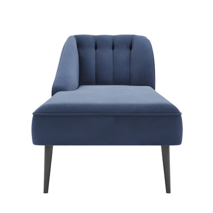 Lit de repos Deborah en velours bleu avec dossier à oreilles et pieds fins