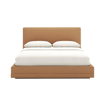 Grace Bed with Tan Upholstered Headboard and Minimalist White Bedding