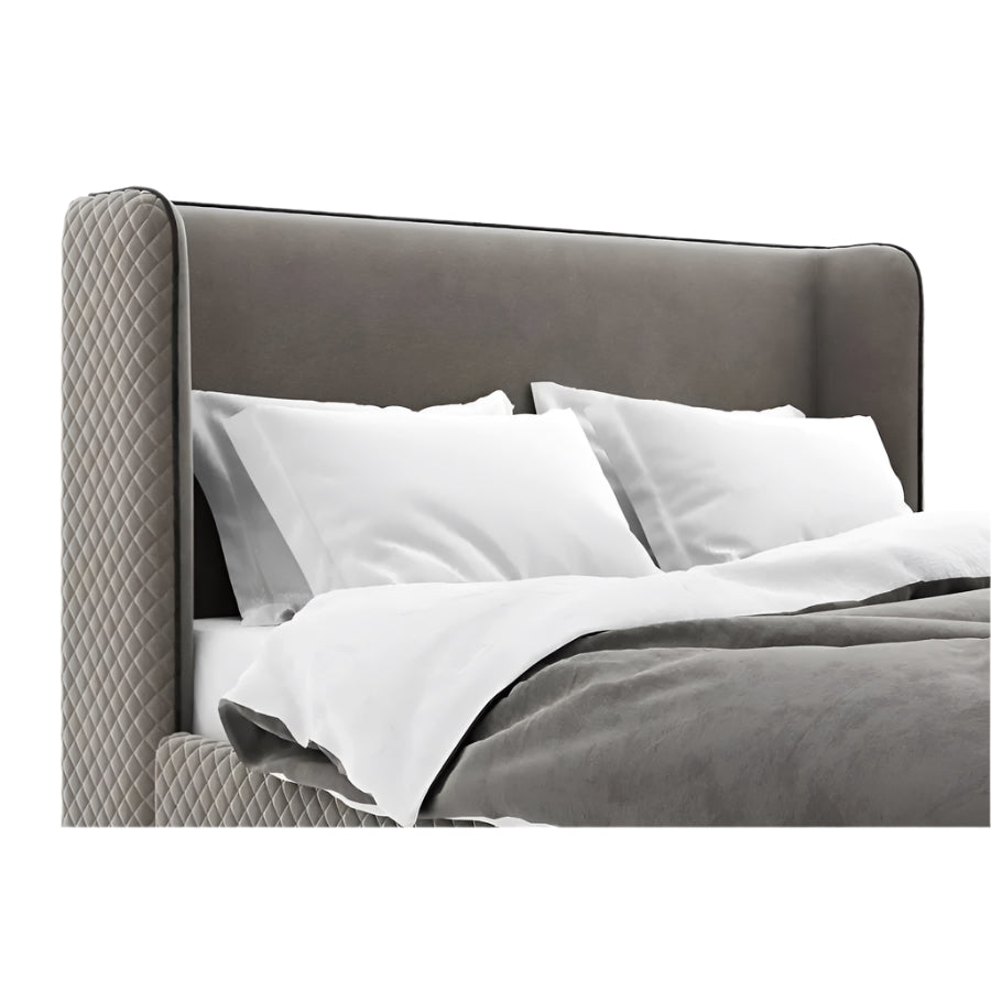 Aldo Bed – High Upholstered Headboard with Quilted Base in Light Fabric