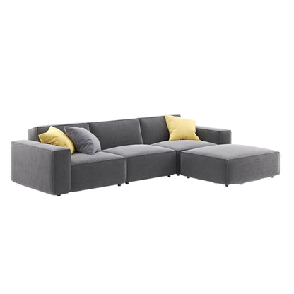 Modern grey sectional couch with clean lines and bold armrests