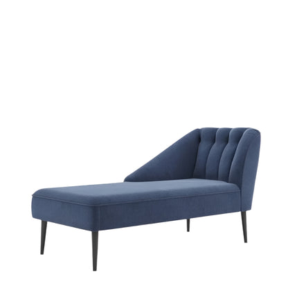 Lit de repos Deborah en velours bleu avec dossier à oreilles et pieds fins