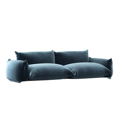 Bueno Sofa in plush blue fabric featuring overstuffed seat, back, and arm cushions for luxurious comfort