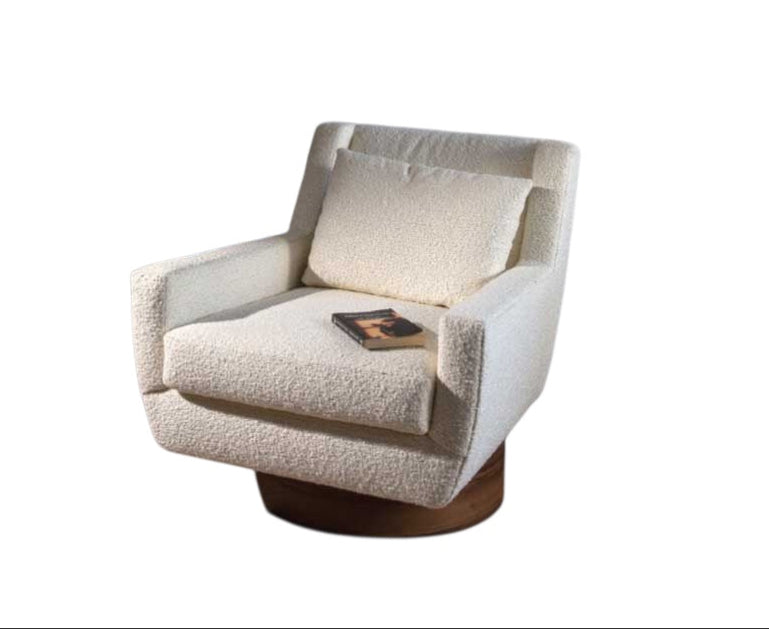 Gravity Boucle Armchair – White Textured Lounge Chair with Wooden Base