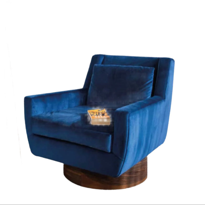 Gravity Blue Armchair – Deep Blue Upholstered Chair with Wooden Base