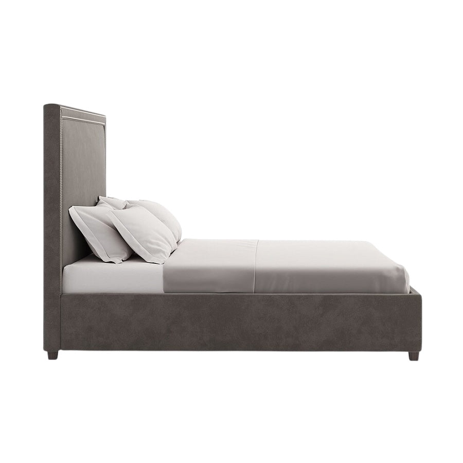 Lit Mia avec tête de lit haute rembourrée en tissu gris foncé
