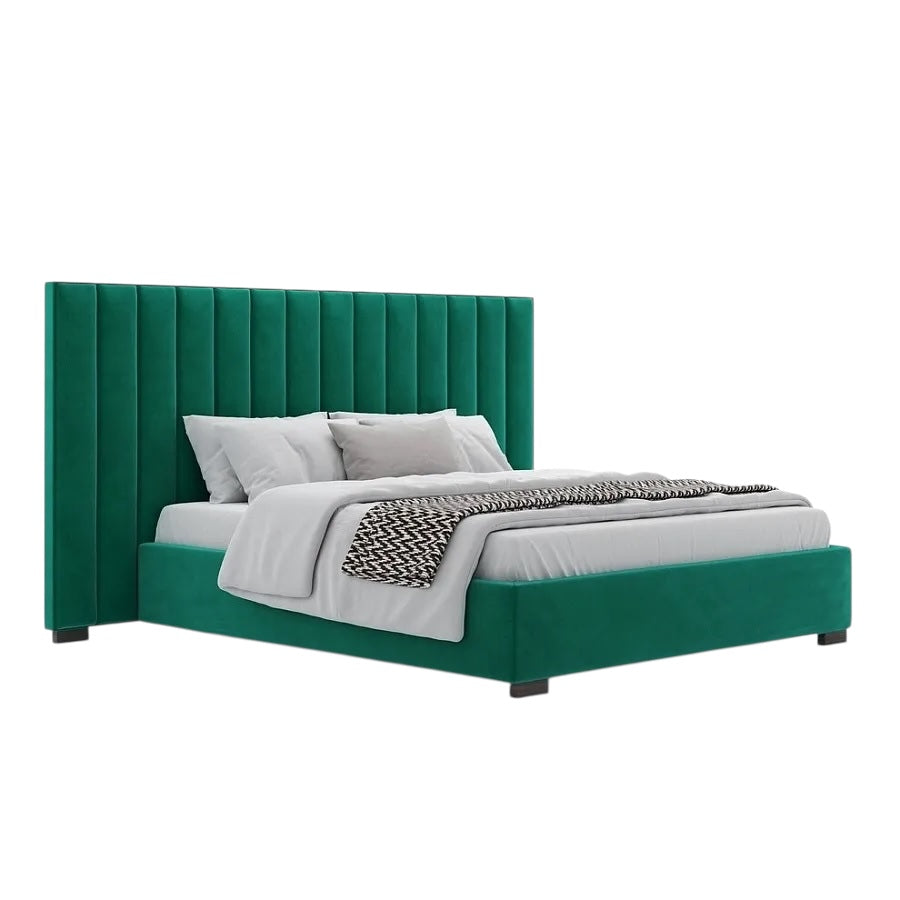 Lit Harald à tête de lit verticale avec revêtement vert riche