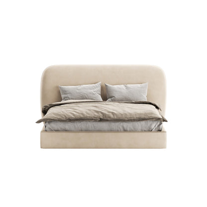 Lit double tulipe avec tête de lit arrondie rembourrée en tissu beige