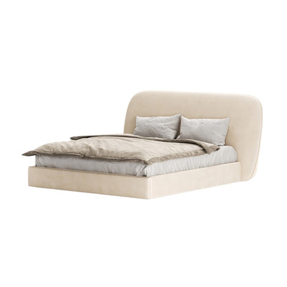 Lit double tulipe avec tête de lit arrondie rembourrée en tissu beige