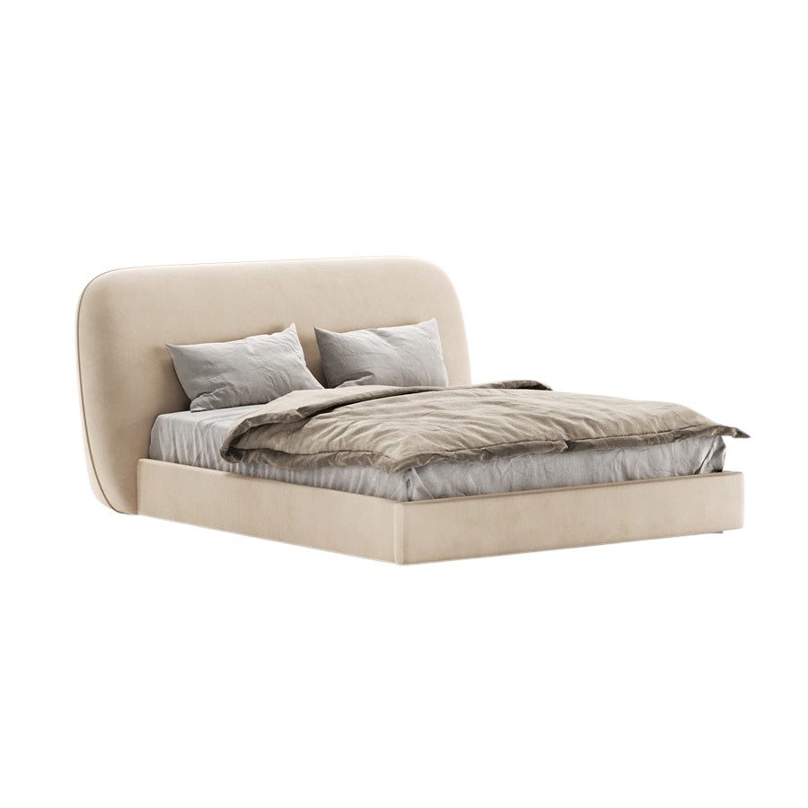 Lit double tulipe avec tête de lit arrondie rembourrée en tissu beige