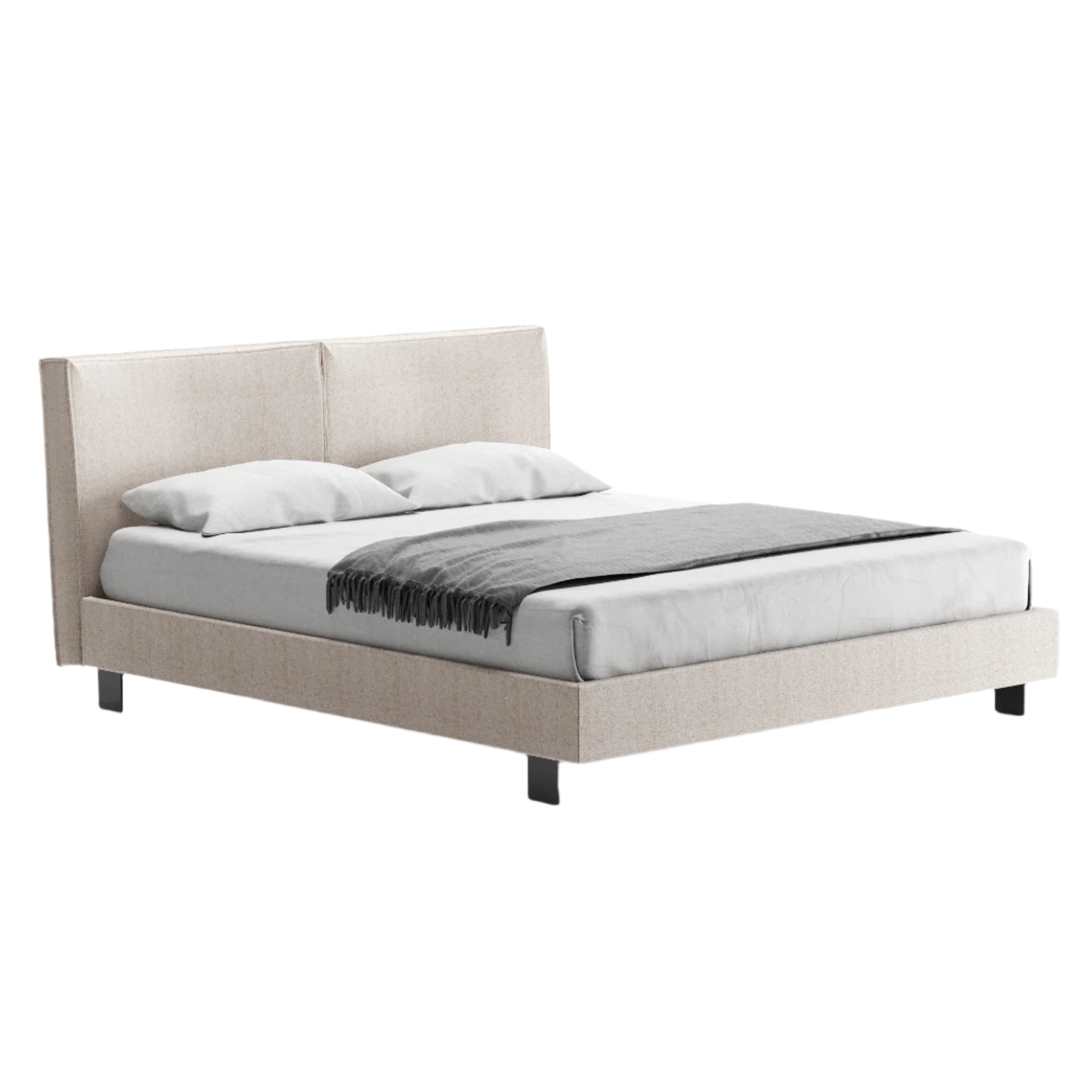 Side view of Lia bed with low-profile frame and neutral headboard