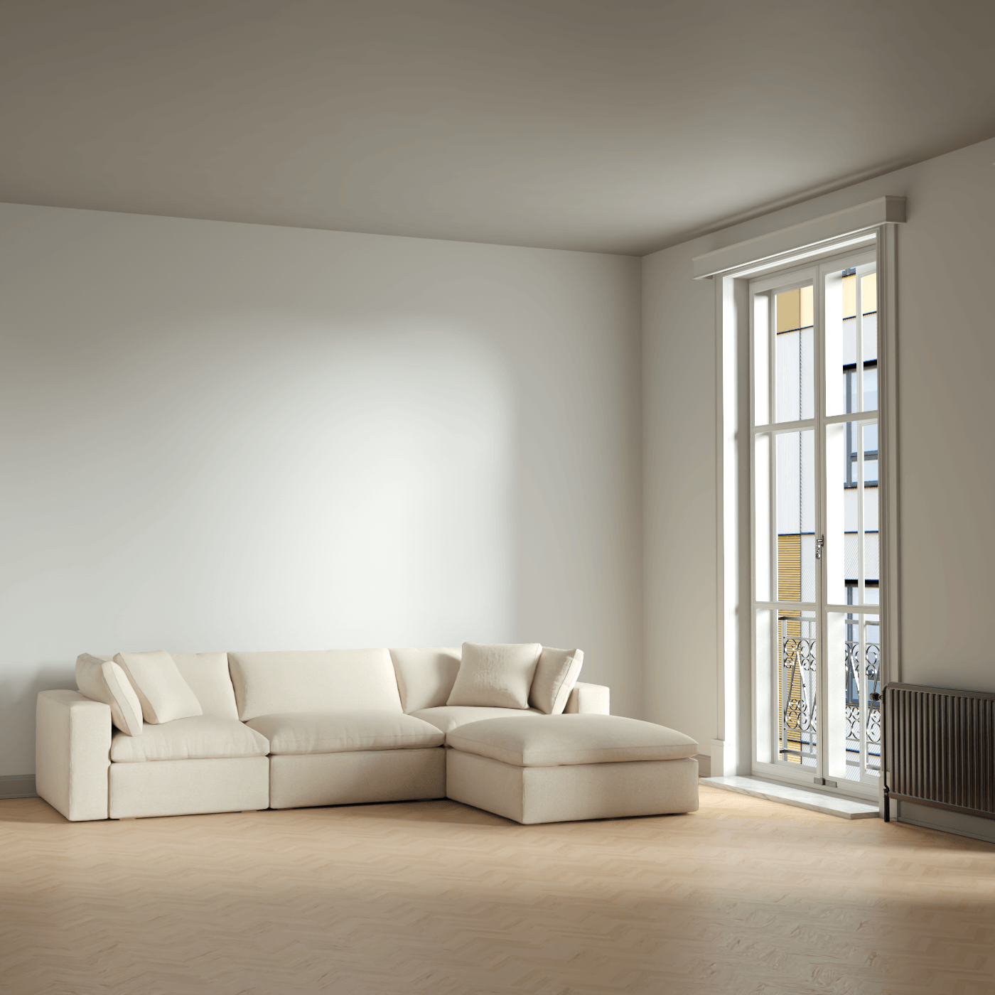 Canapé d'angle modulaire trois places Ari avec personnalisation complète du tissu