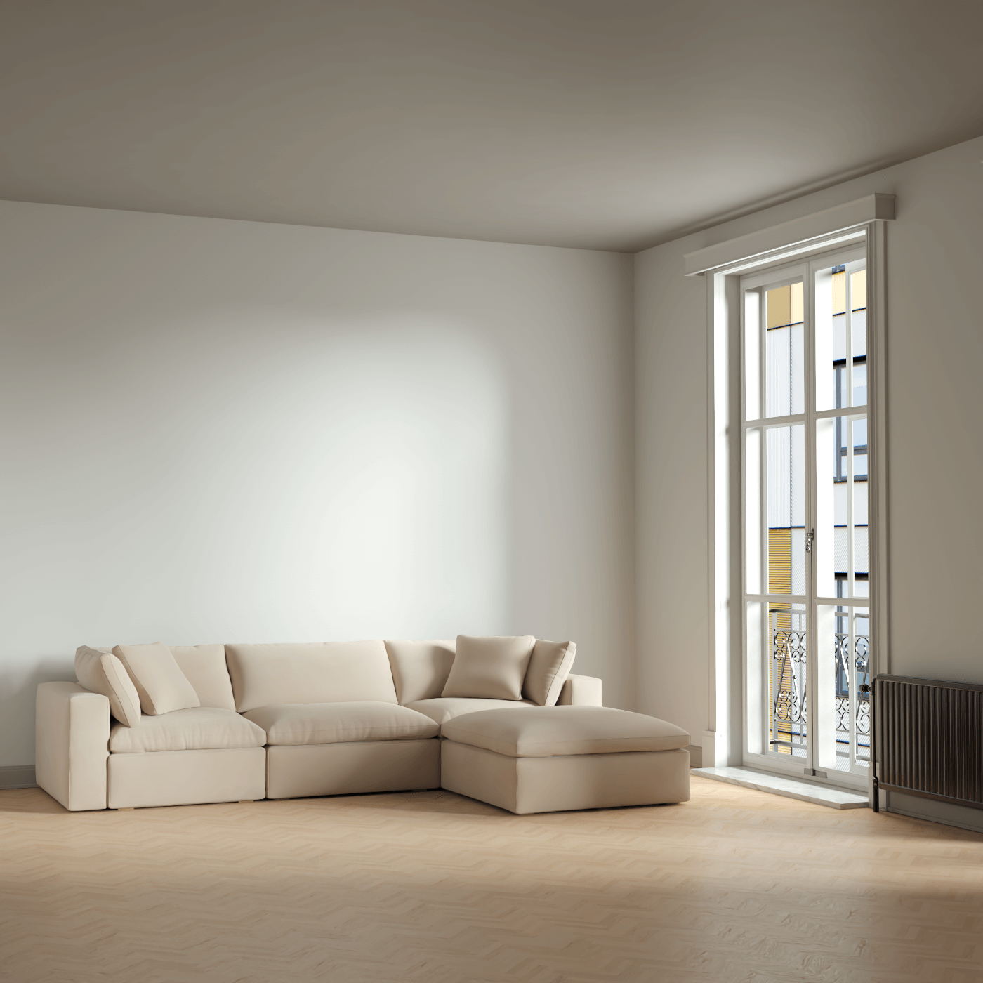 Canapé d'angle modulaire trois places Ari avec personnalisation complète du tissu