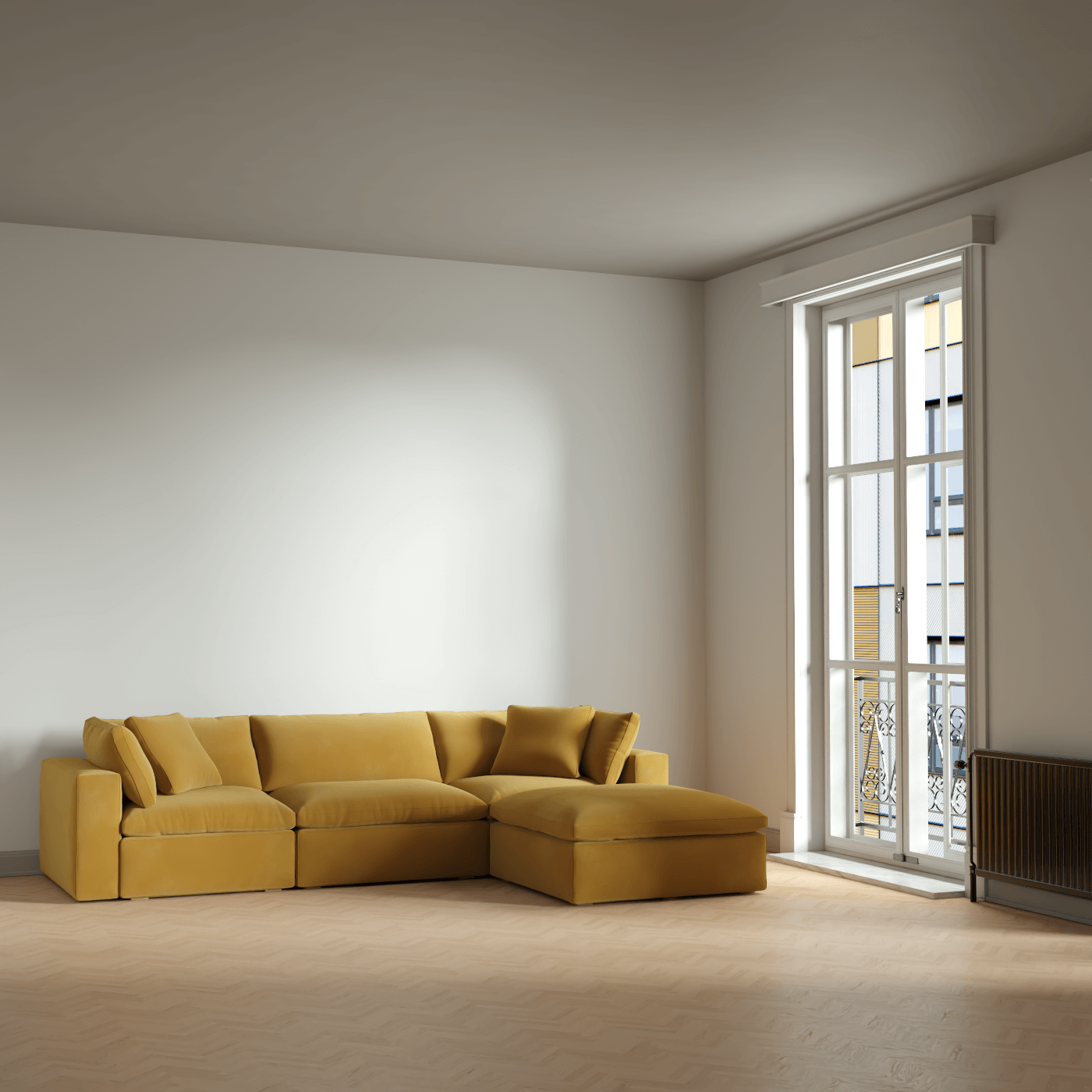 Canapé d'angle modulaire trois places Ari avec personnalisation complète du tissu