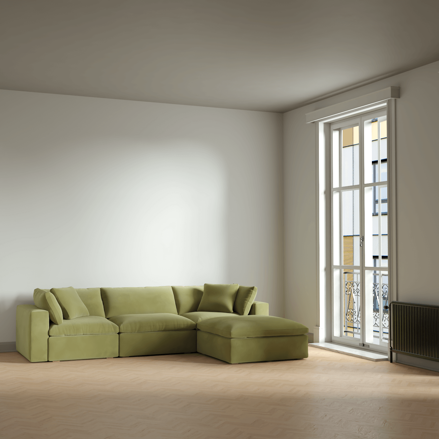 Canapé d'angle modulaire trois places Ari avec personnalisation complète du tissu