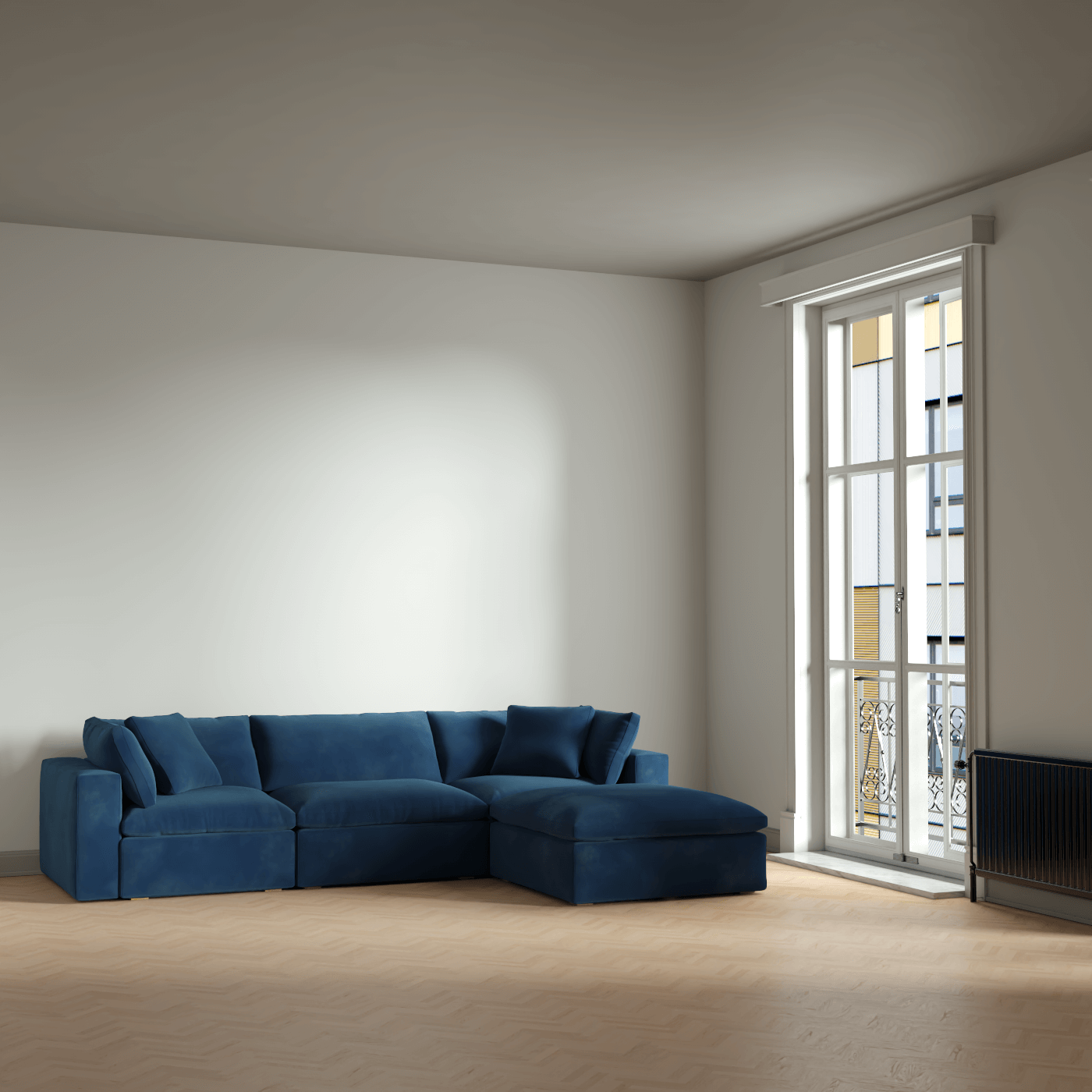 Canapé d'angle modulaire trois places Ari avec personnalisation complète du tissu