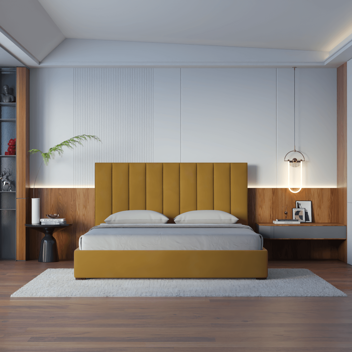 Lit à tête de lit haute Ava en tissu de luxe