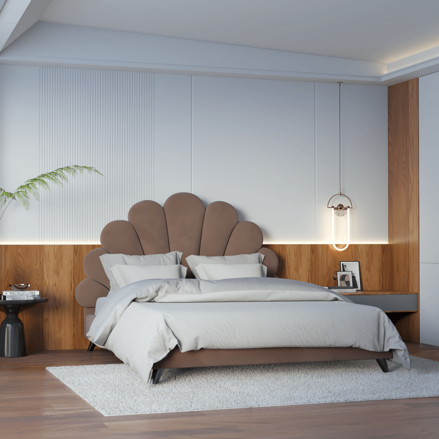 Evelina Curved Headboard Bed in Soft Upholstery