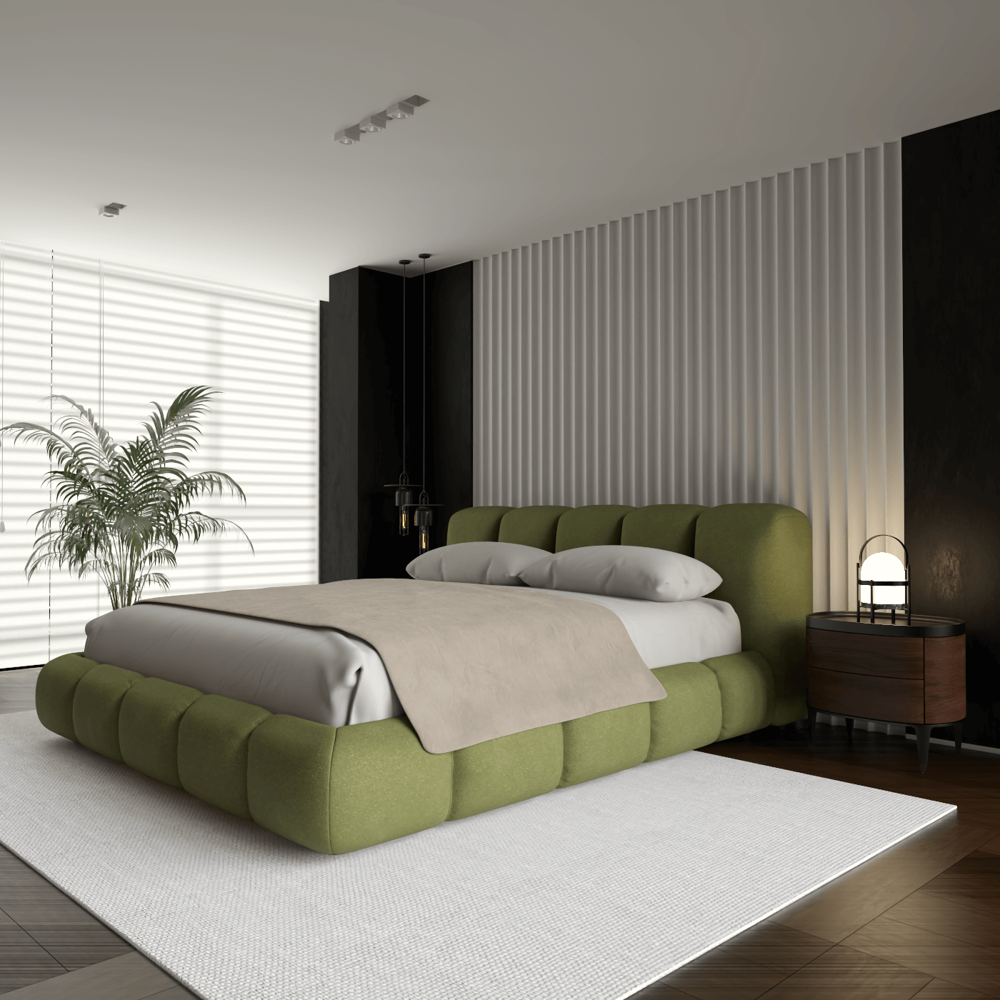 Fluffy Upholstered Bed Frame in Textured Bouclé