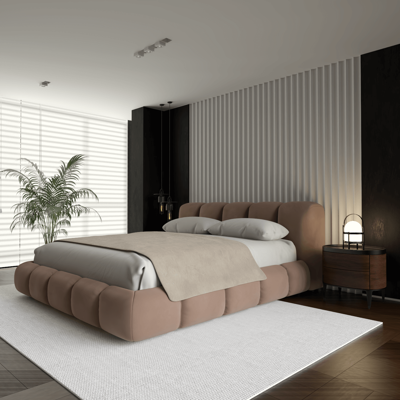 Fluffy Upholstered Bed Frame in Textured Bouclé